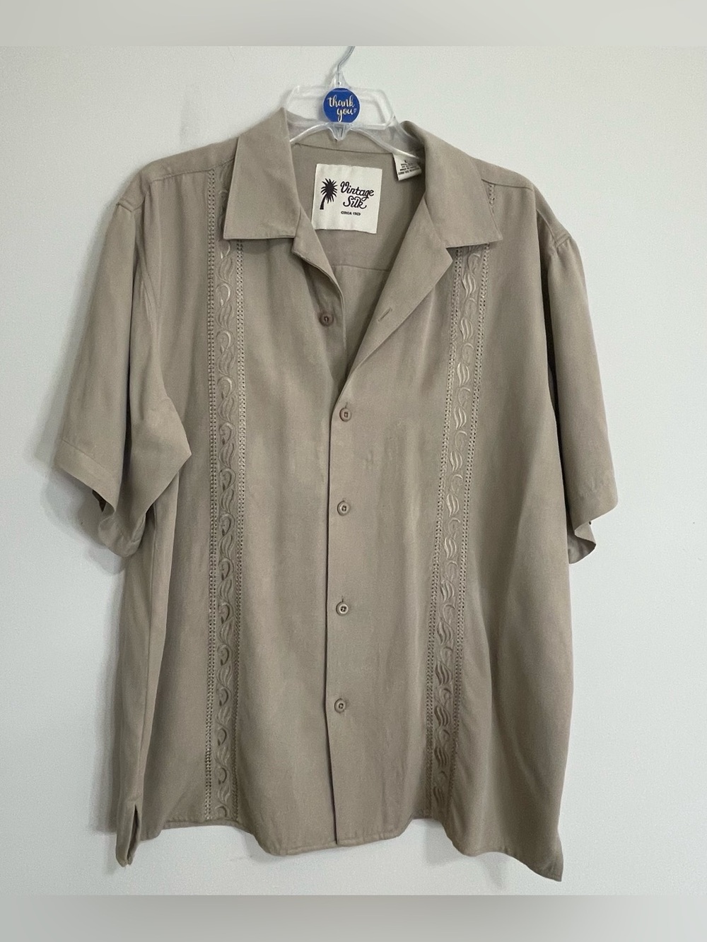 Vintage Silk Neutral Beige Button-Up Shirt ~ Size Large ~ Tropical
